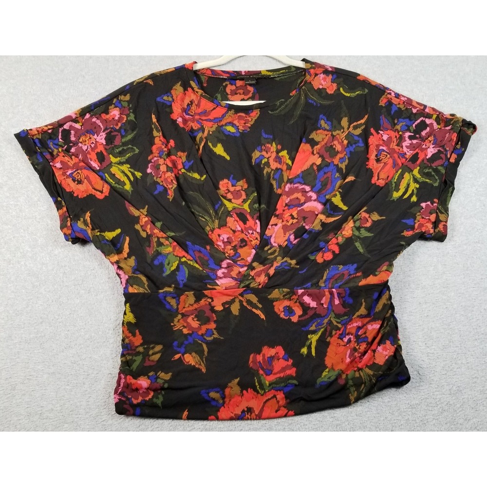 Cynthia Steffe Blouse Women L Large Floral Ruched Short Sleeve Top Stretch Artsy